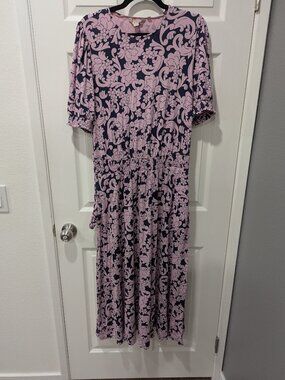 Boden Navy & Pink Baroque Floral Smocked Midi Dress | US 12R | New Without Tags